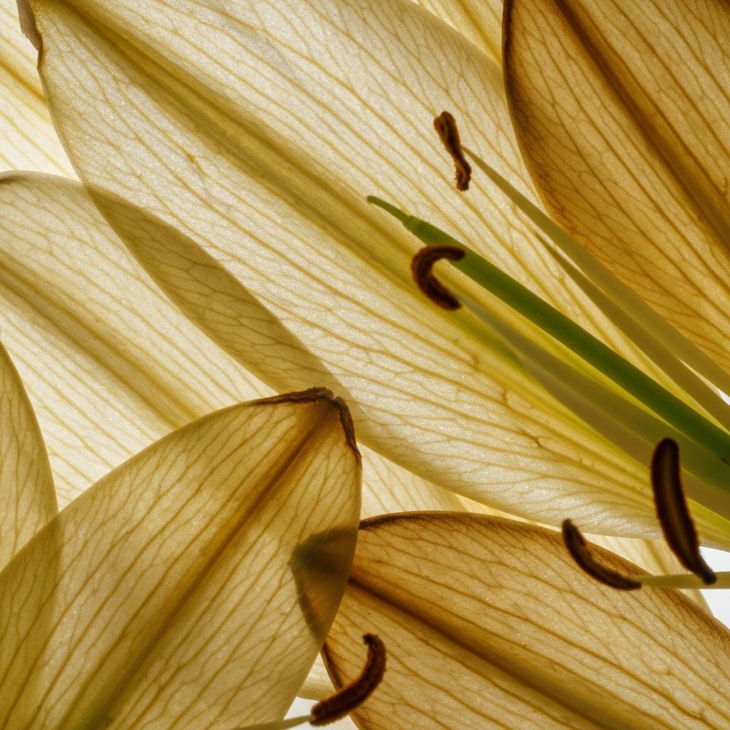 Pétalas de lírio amareladas e translúcidas sobrepostas em padrão orgânico delicado, com pistilos verdes e finos — simbolizando a beleza efêmera e o compromisso do Grupo Boticário com a natureza.